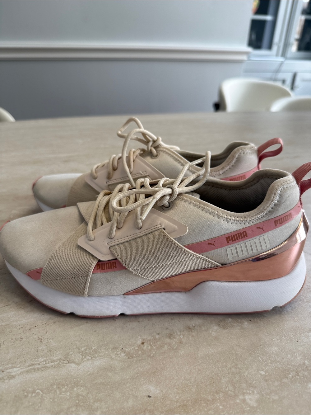 Puma Women's Cream Sneakers with Rose Gold Mirror Accent